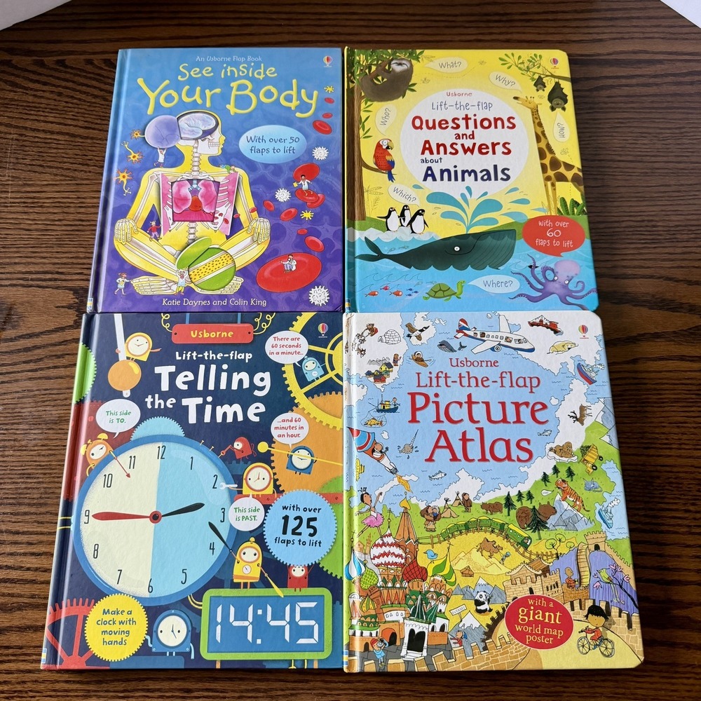 Usborne Lift-the-Flap Hardcover Books Body, Telling Time, Atlas and Animals